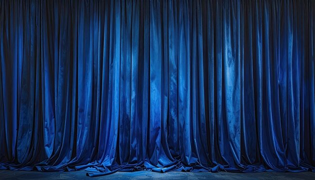 Deep blue theater curtains, stage background. Rich textures and subtle lighting create depth