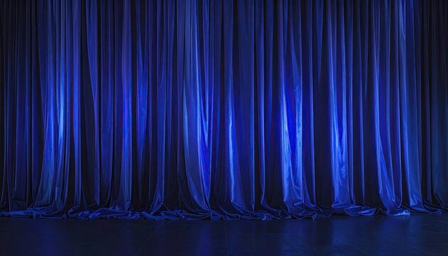 Deep blue theater curtains form the backdrop with subtle lighting and soft folds