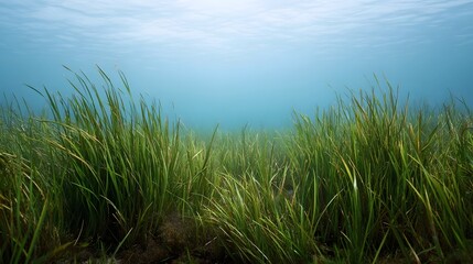 Obraz premium Serene underwater scene of lush green seagrass swaying gently in clear blue water