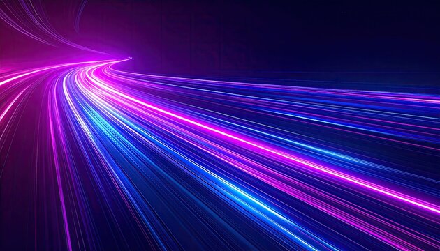 Dynamic perspective of violet and magenta light trails curving through a dark space