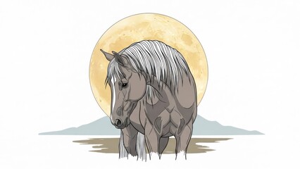 A horse standing in front of a full moon with a mountain in the background.