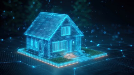 Real estate business market, house home building purchase sale. A digital house rendered in blue, with a digital grid overlay, set against a dark background. The house is illuminated.