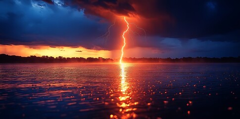 Obraz premium Intense Lightning Strike Over Water At Dusk With Fiery Sky Reflection thunderstorm storm