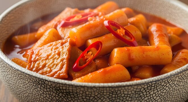 Authentic Tteokbokki Spicy Korean Rice Cakes served hot with fish cakes and chili garnish in a decorative bowl