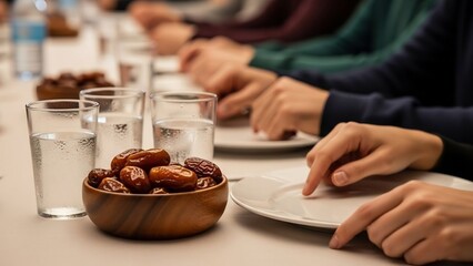 People breaking their fast with dates and water during ramadan, a communal meal setting.