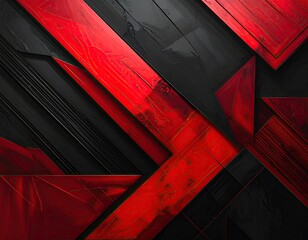 Fototapeta premium Abstract geometric composition, sharp angles, vibrant red intersecting with textured black shapes