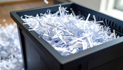 Close-up view of paper shredder filled with strips, some spilling onto floor