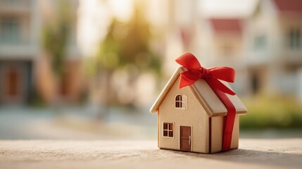Real estate business market, house home building purchase sale. A miniature house with a red ribbon tied around it, set against a blurred background. The house is small.