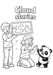 Fototapeta premium coloring book family telling cloud stories with a cute panda, imagination and storytelling activity in clean black and white line art for kids