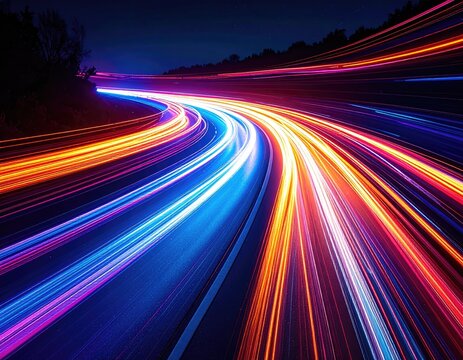 Long exposure captures vibrant streaks of light from vehicle headlights on a curving highway at night