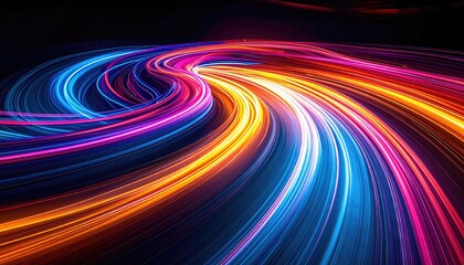 Abstract long exposure shot of colorful light trails creating a dynamic swirl effect