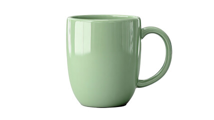 Glossy light green mug with rounded form and curled handle on a black backdrop