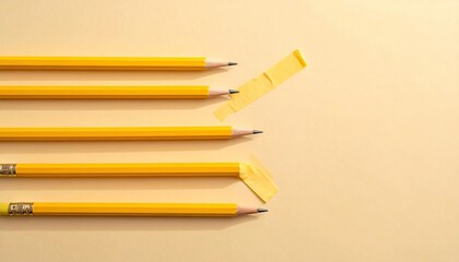 Obraz premium Several pencils of a uniform yellow, with tape accents, lie on a plain, textured, cream background
