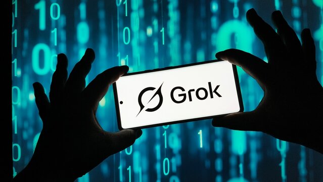 Hands holding smartphone with Grok logo on screen