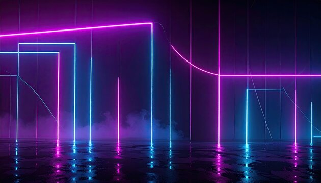 Futuristic abstract scene with neon lights against a dark background, reflecting below - Powered by Adobe
