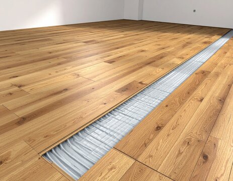 Partially installed wooden floor, showcasing the installation process and underlayment in an interior space