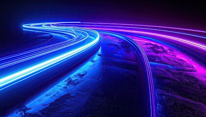 Illuminated streaks of blue and magenta light curve through a dark, textured landscape