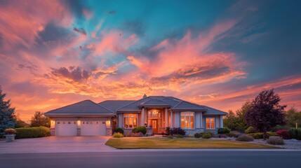 Real estate business market, house home building purchase sale. A house with a roof, windows, doors and lights, surrounded by lush landscaping including plants, flowers, and trees.