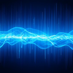 Fototapeta premium “Abstract Blue Digital Wave Background with Glowing Light Lines, Futuristic Technology Data Flow, Sound Wave Visualization, Artificial Intelligence and Big Data Concept, Modern Sci-Fi Energy Motion De