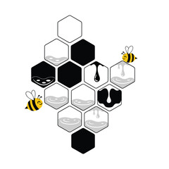 Fototapeta premium Creative illustration of a honeycomb with cells filled with liquid honey or nectar, surrounded by busy bees.