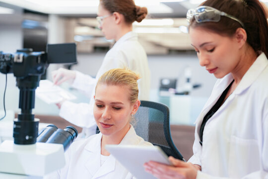 Diverse team of female scientists working in busy digital pathology lab. Researchers analyzing histology slides using microscope, tablet, and visual inspection for medical diagnosis.