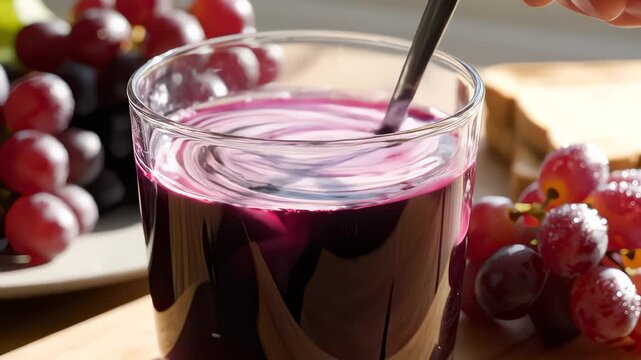 Person Stirring Spoon Into Grape Juice With Yogurt for Breakfast