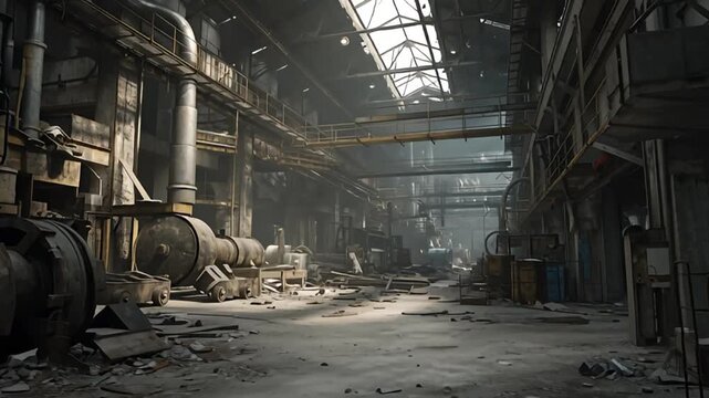 Abandoned industrial factory interior with rusty machinery and debris scattered under dim skylight illumination from above