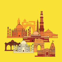 A vibrant digital illustration of Indian monuments