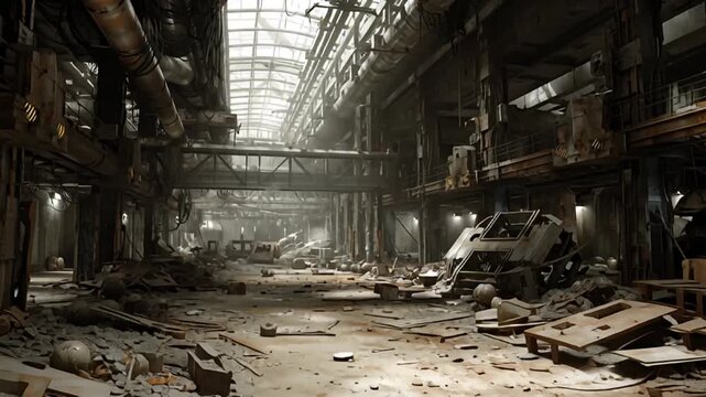 Abandoned industrial factory interior with machinery, debris, and rubble, viewed from a central vantage point with dim lighting, destruction, and chaos everywhere inside.