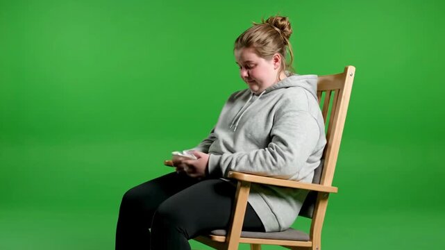 A chubby teen girl sits in a rocking chair, focused on her hands, isolated on a bright green studio background.