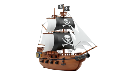 Pirate Ship with Jolly Roger Flags and Cannon