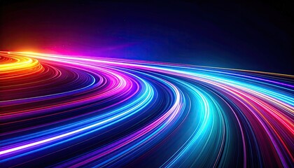 Abstract artwork showcasing vibrant, curved trails of light against a dark blue background