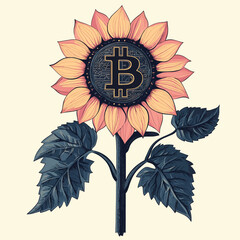 Stylized bitcoin sunflower with pink and black leaves and bitcoin symbols on a cream colored background , vector style simple color