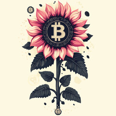 Stylized bitcoin sunflower with pink and black leaves and bitcoin symbols on a cream colored background , vector style simple color