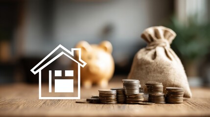 Real estate business market, house home building purchase sale. A wooden table with a bag of coins next to a piggy bank and a house icon. The background is slightly blurred.