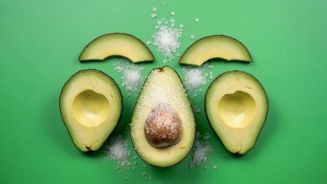 Avocado halves and slices arranged creatively on a vibrant green background