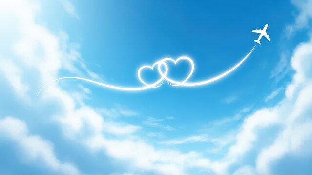 Airplane leaving a glowing heart trail in a beautiful sky, symbolizing love travel and romance.