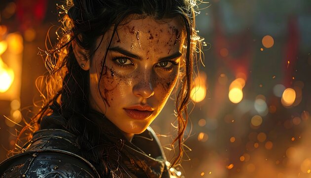 Portrait of a determined warrior, battle-scarred and illuminated by firelight, with intense gaze, and braided hair