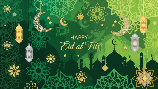 A vibrant green Eid al-Fitr celebration background