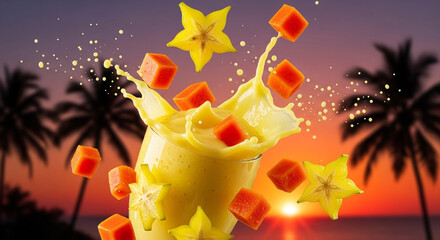 Frozen Motion Starfruit Smoothie with Papaya Cubes in Tropical Sunset Glow

