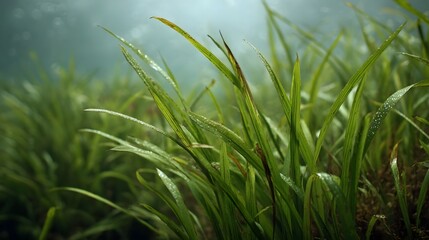 Lush green grass strands with rolling fog