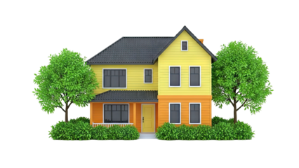 Bright Yellow Two-Story House with Green Trees and Bushes