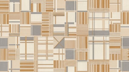 A geometric pattern of beige, brown, and gray squares and rectangles on a beige background.