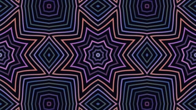 Abstract neon colorful kaleidoscope geometric lines pattern loop animation. fractal mandala motion.