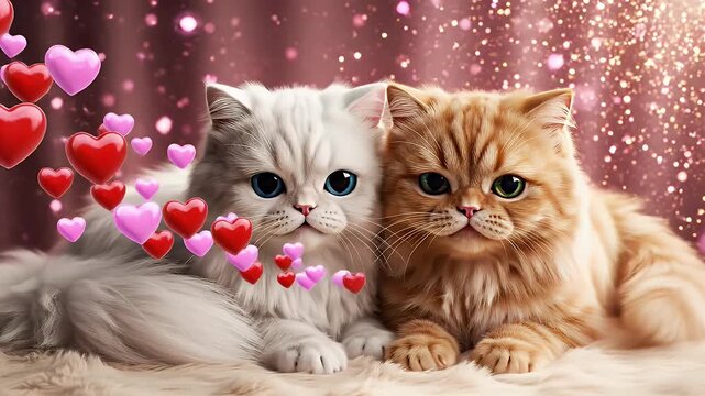 Affectionate Cats with Hearts - This video features two fluffy cats, one white and one orange, snuggling on a soft surface.