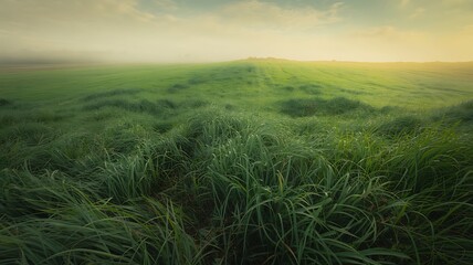 Green grassy field with sunlight and distant horizon at sunrise or sunset