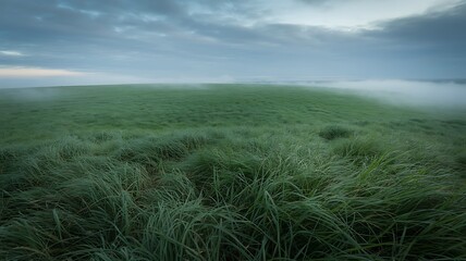 Misty green grassy field under a cloudy sky with distant fog and horizon