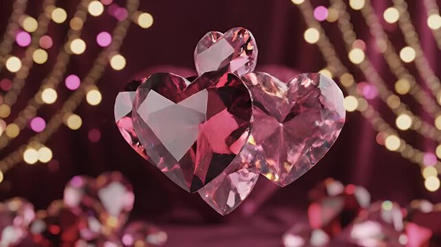 Sparkling Ruby Heart Gems - This video features several heart-shaped ruby gems sparkling against a blurred background of lights.