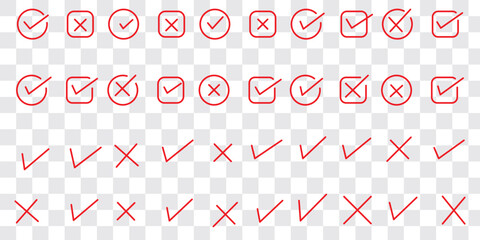 Check tick mark icon set. Cross box x check mark checkbox v list vector draw hand drawn sketch doodle brush marker checklist symbol wrong right circle. Vector Illustration © Top