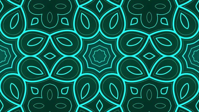 Abstract neon green kaleidoscope geometric lines pattern loop animation. seamless floral pattern.